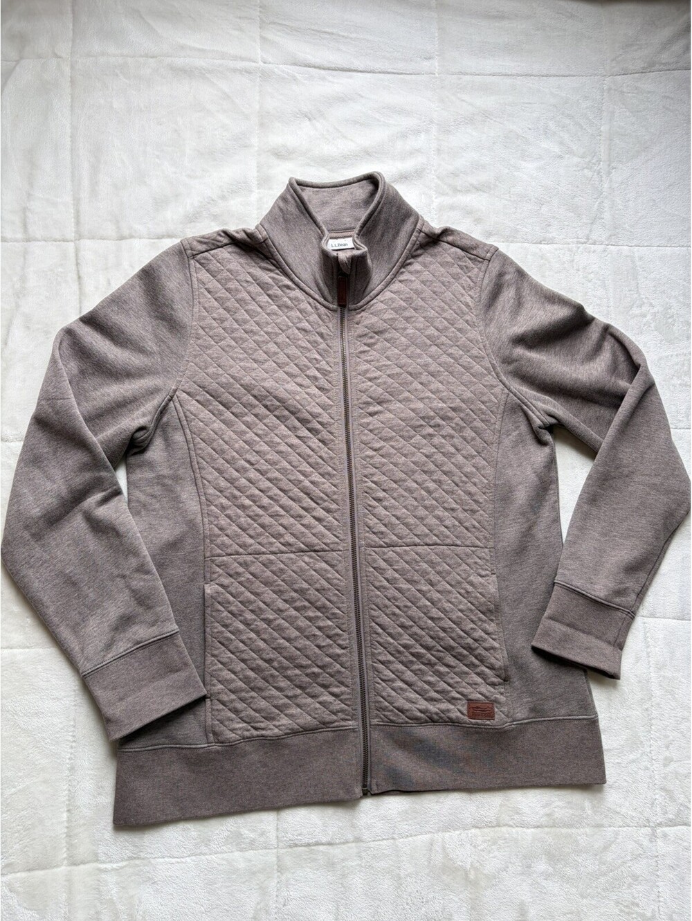 LL Bean Womens Large Quilted Full Zip Sweatshirt Brown Mock Neck Jacket